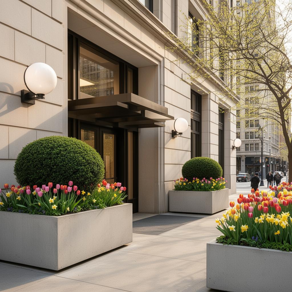 Downtown Chicago building entrance with custom planters and seasonal flowers